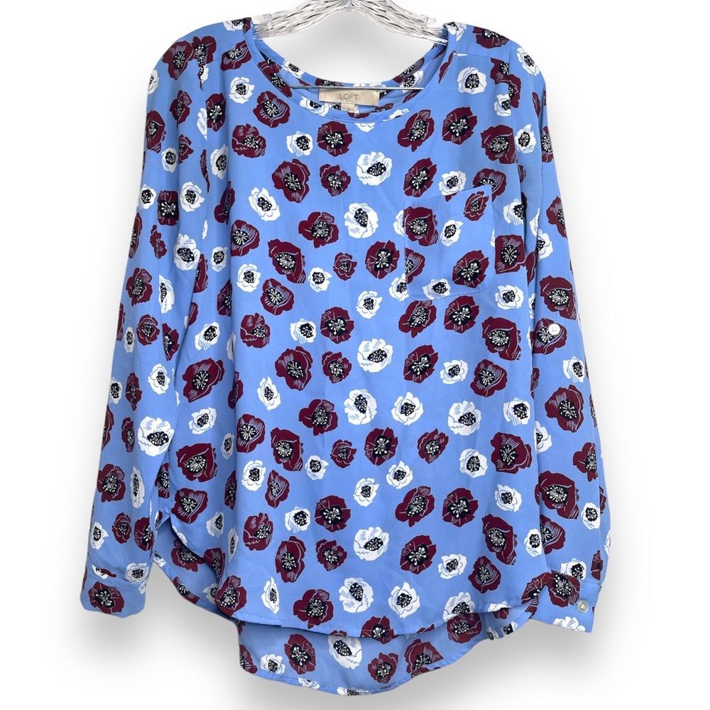 LOFT Brilliant Blue Blouse Floral Print Size Small Long Sleeves